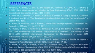 REFERENCES
● Auradkar, A., Botev, C., Das, S., De Maagd, D., Feinberg, A., Ganti, P., … Zhang, J.
(2012). Data Infrastructure at LinkedIn. In Data Engineering (ICDE), 2012 IEEE 28th
International Conference on (pp. 1370–1381).
● N. Bronson, Z. Amsden, G. Cabrera, P. Chakka, P. Dimov, H. Ding, J. Ferris, A. Giardullo,
S. Kulkarni, and H. Li, “Tao: Facebook’s distributed data store for the social graph,” in
USENIX ATC, 2013.
● N. Ruflin, H. Burkhart, and S. Rizzotti, “Social-data storage-systems,” Databases Soc.
Networks - DBSocial ’11, pp. 7–12, 2011.
● A. Thusoo, Z. Shao, S. Anthony, D. Borthakur, N. Jain, J. Sen Sarma, R. Murthy, and H.
Liu, “Data warehousing and analytics infrastructure at facebook,” Proceedings of the
2010 ACM SIGMOD International Conference on Management of data. ACM,
Indianapolis, Indiana, USA, pp. 1013–1020, 2010.
● D. Beaver, S. Kumar, H. C. Li, J. Sobel, and P. Vajgel, “Finding a Needle in Haystack:
Facebook’s Photo Storage,” in OSDI, 2010, vol. 2010, pp. 47–60.
● M. Busch, K. Gade, B. Larson, P. Lok, S. Luckenbill, and J. Lin, “Earlybird: Real-Time
Search at Twitter,” Proceedings of the 2012 IEEE 28th International Conference on Data
Engineering. IEEE Computer Society, pp. 1360–1369, 2012.
 