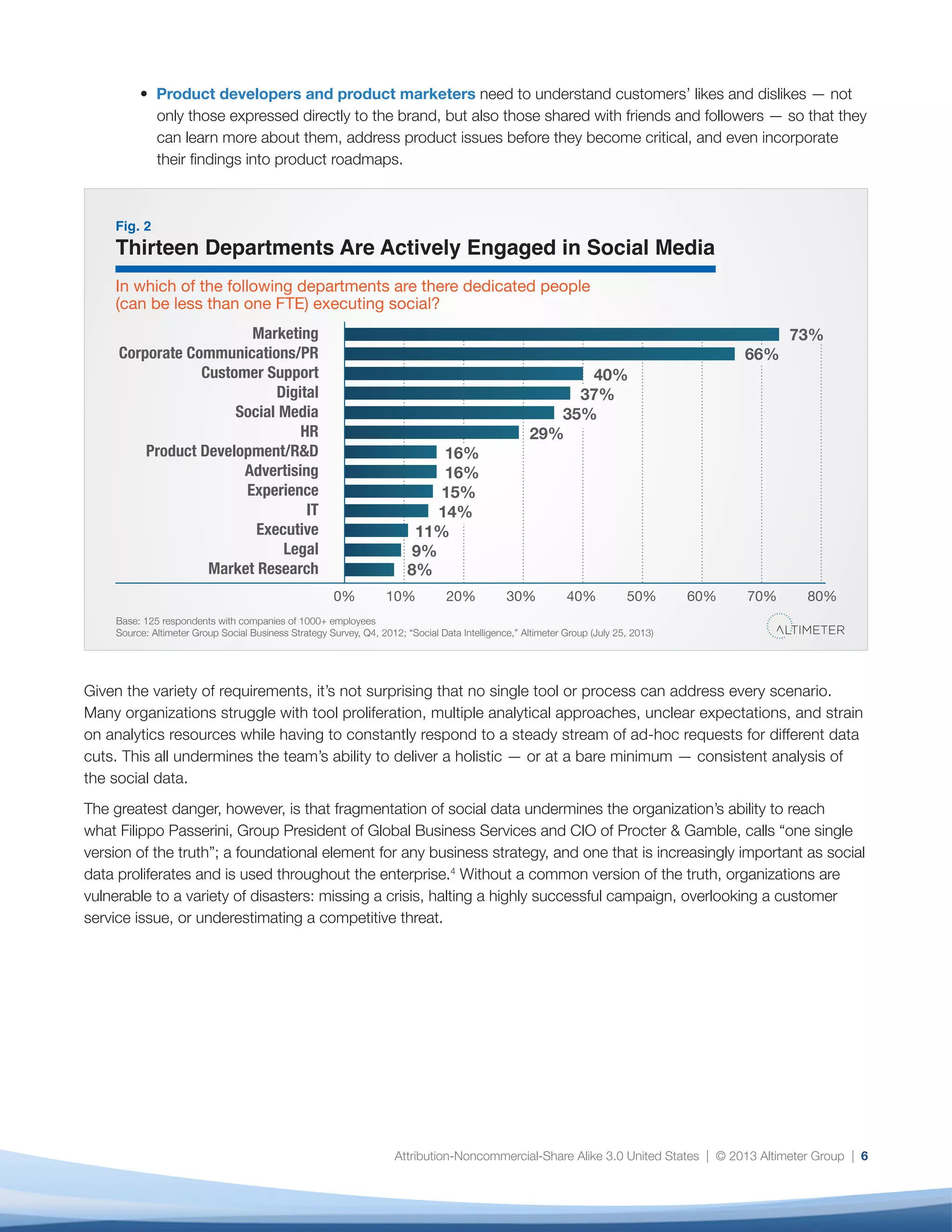 2. Because Social Data Is Different, It Requires New
Analytical Approaches
Many organizations continue to use traditional
marketing and advertising metrics, such as
impressions and Advertising Value Equivalency
(AVE), to gauge the value of their social programs.
The default assumption is that social media is a new
kind of broadcast channel through which to distribute
content and messages.
But social media — and social data — are highly
complex, and using traditional metrics to understand
it can distort its meaning, and ultimately, its value.
“The fundamental problem we have,” says Matt
Hixson, CEO, Tellagence, “is that few people are doing
genuine new research to understand social data.
They are using old models that were never designed
for social networks and are trying to fit the data into
them.” Aggregating social data with enterprise data
before understanding the native characteristics of
social data and networks is counterproductive, and
can compound interpretive problems.
Why is social data so different from what has come
before? One key reason is that it is a type of “Big Data,”
which Gartner Group has defined in terms of “The
Three Vs.”5
•	 Volume: Social data is characterized by
unprecedented volumes. Well-known brands can
reach hundreds of thousands of brand mentions
per day, while conversations on popular topics
number in the millions.6
•	 Variety: It’s comprised of multiple data types:
structured (stars and ratings), unstructured
(comments, posts), images, sound, and video.
Different types have different life spans; for
example, the average (unpromoted) Facebook
post or tweet has a fleeting life span, while a
Pinterest pin or a video can last forever.
•	 Velocity: Social data can be blindingly fast. One
common Twitter metric is “Tweets Per Second”
(TPS), which, for context, reached a peak of more
than 10,000 TPS in the last few minutes of Super
Bowl XLVI and more than 25,000 TPS during the
2011 Japan broadcast of the anime movie Castle
in the Sky. (In contrast, the Syfy premiere of
Sharknado generated 5,000 tweets per minute.)7
This explains why evaluating social data in terms of
traditional advertising metrics, such as “impressions,”
can set a team up for failure. Because of the inherent
volatility of the social web, mentions may be
extremely high one month and low the next, for a host
of reasons that a social strategist is unable to control
(for example, new product introductions or service
issues).
Furthermore, measuring impressions or ad value
equivalency without understanding the nature of
the signal — a share, a like, a positive or negative
comment — distorts the meaning of the signal,
leading to poorly informed decisions and, ultimately,
risk. Before we aggregate social data with other
enterprise data sets, we need to better understand the
nature of social networks and the data they create.
Here are seven core characteristics that make social
data unique — and require a different approach to data
collection and analysis (Figure 3):
When viewed in this context, it becomes clear
that social data is highly heterogeneous and rich
with meaning in a way that traditional marketing
and advertising metrics are simply not tuned to
account for. Understanding these signals, and
their relationships, is a prerequisite to the ability to
use social data strategically and in context of the
business.
3. Social Data — and Analysts — Lack Enterprise
Credibility
An open secret among organizations working with
social data is the credibility gap between social and
enterprise data, and, as a result, between social and
enterprise analysts. “Put bluntly,” says a representative
at a data analytics vendor who preferred not to
be quoted by name, “we see challenges where the
analysts on the social media team don’t have the heft
to make it with other data geeks in the organization.”
There are several drivers of this phenomenon:
7
 