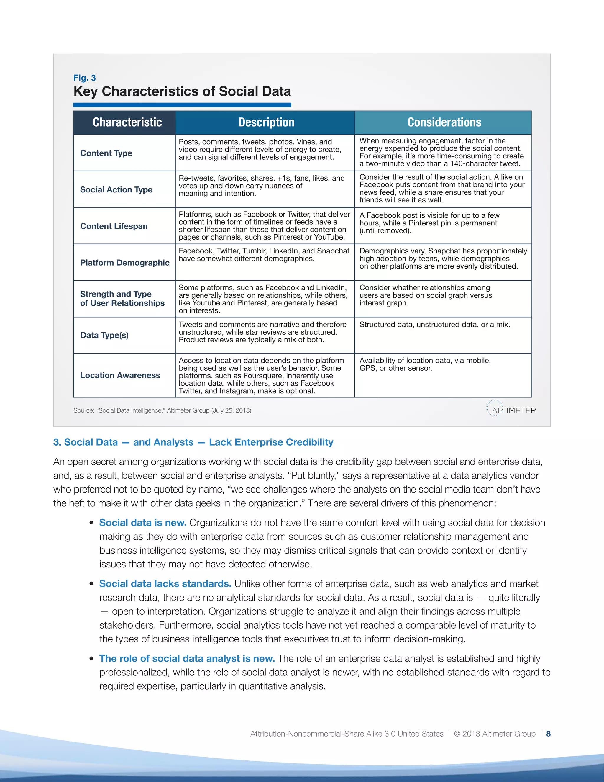 Define Your Core Social Metrics
A common dynamic among organizations Altimeter
interviewed was the delicate balance between
what data is readily available versus what should
be measured in a perfect world to best understand
the dynamics of the customer experience, the sales
process, brand reputation, and the many other areas
that social data can illuminate.
After all, we have relatively clean data on volume
metrics; it’s not hard to count likes or shares. It is far
more challenging, however, to connect them with
revenue generation, especially for organizations
with multi-channel operations, long sales cycles, or
ingredient brands.8 In some cases, analysis may
be a Herculean task involving multiple people, data
sources, Excel pivot tables, and manual calculations;
in others, it may rely on your social analytics tool’s
ability to deliver the desired metric on a dashboard.
The key is to focus at first on a few key metrics
that you believe are practical to deliver and have
the most impact on your business. Then formalize
those metrics with processes and dashboards
before expanding. Says Chris Kahle, Manager, Web
Analytics at Caesar’s, “The good news is that we can
track everything. The bad news is that we can track
everything. That will be the challenge for everyone.”
To address this issue, work backward from business
goals; they will be your “North Star” as you determine
what is and isn’t important to measure. Following are
some key recommendations:
1.	 Tie Metrics to Business Strategy. To make
social media more relevant to your organization,
you must tie it to something that matters to
the C-suite, primarily in the areas of revenue
generation, brand lift, and customer experience.9
Connect your social media strategy to business
objectives by forming a hypothesis. For example:
a) If your goal is to understand the impact of
social media on revenue, reverse-engineer the
process by starting at revenue-generating events
and connect them back to social content. There
are six primary ways to do this, documented
in Altimeter’s Report, The Social Media ROI
Cookbook.10
b) If your goal is to improve customer experience,
set a hypothesis that sentiment in social data
should correlate roughly to sentiment in other
data collection channels, such as surveys or Net
Promoter Score (NPS). This will help sensitize you
to fluctuations in the data, and look for drivers
that may indicate whether or not your hypothesis
is valid.
2.	 Define “Synthetic” Metrics. In addition to raw
volumes, you will be asked to demonstrate
increases in more nebulous phenomena, such
as “engagement,” “reach,” and “influence.” These
are “synthetic” metrics because they are a
combination of multiple metrics (often from
different data sources). None has a universal
definition because each business is different. But
they do tell you how people are interacting with
your organization’s people and content, how far
content is spreading, and which individuals or
groups influence the conversation.
a) Define these “synthetic” metrics so they reflect
what is important to your business and are
clear and consistent across all groups who use
social data. “Engagement” is the most important
to define early, as it is most widely discussed.
Document the ingredients you will use to
calculate engagement. Is it time on site? Shares?
Tweets and Retweets? Facebook PTAT (people
talking about this)? Or some other combination?11
b) Once you have defined “engagement,” follow
the same process to agree on definitions for
9
Making Social Data Actionable
 