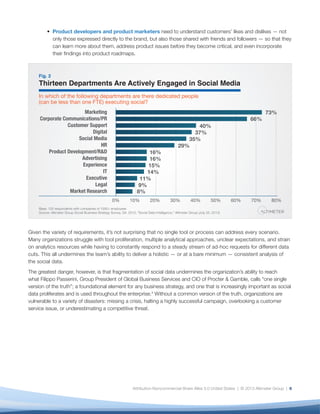 2. Because Social Data Is Different, It Requires New
Analytical Approaches
Many organizations continue to use traditional
marketing and advertising metrics, such as
impressions and Advertising Value Equivalency
(AVE), to gauge the value of their social programs.
The default assumption is that social media is a new
kind of broadcast channel through which to distribute
content and messages.
But social media — and social data — are highly
complex, and using traditional metrics to understand
it can distort its meaning, and ultimately, its value.
“The fundamental problem we have,” says Matt
Hixson, CEO, Tellagence, “is that few people are doing
genuine new research to understand social data.
They are using old models that were never designed
for social networks and are trying to fit the data into
them.” Aggregating social data with enterprise data
before understanding the native characteristics of
social data and networks is counterproductive, and
can compound interpretive problems.
Why is social data so different from what has come
before? One key reason is that it is a type of “Big Data,”
which Gartner Group has defined in terms of “The
Three Vs.”5
•	 Volume: Social data is characterized by
unprecedented volumes. Well-known brands can
reach hundreds of thousands of brand mentions
per day, while conversations on popular topics
number in the millions.6
•	 Variety: It’s comprised of multiple data types:
structured (stars and ratings), unstructured
(comments, posts), images, sound, and video.
Different types have different life spans; for
example, the average (unpromoted) Facebook
post or tweet has a fleeting life span, while a
Pinterest pin or a video can last forever.
•	 Velocity: Social data can be blindingly fast. One
common Twitter metric is “Tweets Per Second”
(TPS), which, for context, reached a peak of more
than 10,000 TPS in the last few minutes of Super
Bowl XLVI and more than 25,000 TPS during the
2011 Japan broadcast of the anime movie Castle
in the Sky. (In contrast, the Syfy premiere of
Sharknado generated 5,000 tweets per minute.)7
This explains why evaluating social data in terms of
traditional advertising metrics, such as “impressions,”
can set a team up for failure. Because of the inherent
volatility of the social web, mentions may be
extremely high one month and low the next, for a host
of reasons that a social strategist is unable to control
(for example, new product introductions or service
issues).
Furthermore, measuring impressions or ad value
equivalency without understanding the nature of
the signal — a share, a like, a positive or negative
comment — distorts the meaning of the signal,
leading to poorly informed decisions and, ultimately,
risk. Before we aggregate social data with other
enterprise data sets, we need to better understand the
nature of social networks and the data they create.
Here are seven core characteristics that make social
data unique — and require a different approach to data
collection and analysis (Figure 3):
When viewed in this context, it becomes clear
that social data is highly heterogeneous and rich
with meaning in a way that traditional marketing
and advertising metrics are simply not tuned to
account for. Understanding these signals, and
their relationships, is a prerequisite to the ability to
use social data strategically and in context of the
business.
3. Social Data — and Analysts — Lack Enterprise
Credibility
An open secret among organizations working with
social data is the credibility gap between social and
enterprise data, and, as a result, between social and
enterprise analysts. “Put bluntly,” says a representative
at a data analytics vendor who preferred not to
be quoted by name, “we see challenges where the
analysts on the social media team don’t have the heft
to make it with other data geeks in the organization.”
There are several drivers of this phenomenon:
7
 