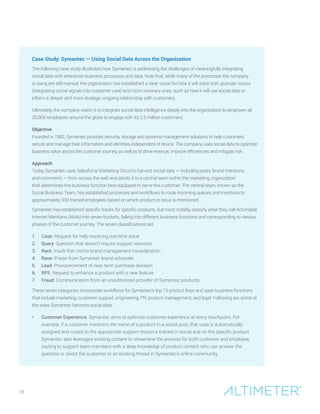 Case Study: Symantec — Using Social Data Across the Organization
The following case study illustrates how Symantec is addressing the challenges of meaningfully integrating
social data with enterprise business processes and data. Note that, while many of the processes the company
is using are still manual, the organization has established a clear vision for how it will solve both granular issues
(integrating social signals into customer care) and more visionary ones, such as how it will use social data to
inform a deeper and more strategic ongoing relationship with customers.
Ultimately, the company vision is to integrate social data intelligence deeply into the organization to empower all
20,000 employees around the globe to engage with its 2.5 million customers.
Objective
Founded in 1982, Symantec provides security, storage and systems management solutions to help customers
secure and manage their information and identities independent of device. The company uses social data to optimize
business value across the customer journey, as well as to drive revenue, improve efficiencies and mitigate risk.
Approach
Today Symantec uses Salesforce Marketing Cloud to harvest social data — including posts, brand mentions,
and comments — from across the web and sends it to a central team within the marketing organization
that determines the business function best equipped to serve the customer. The central team, known as the
Social Business Team, has established processes and workflows to route incoming queries and mentions to
approximately 300 trained employees based on which product or issue is mentioned.
Symantec has established specific tracks for specific products, but most notably classify what they call Actionable
Internet Mentions (AIMs) into seven buckets, falling into different business functions and corresponding to various
phases of the customer journey. The seven classifications are:
1.	 Case: Request for help resolving real-time issue
2.	 Query: Question that doesn’t require support resource
3.	 Rant: Insult that merits brand management consideration
4.	 Rave: Praise from Symantec brand advocate
5.	 Lead: Pronouncement of near-term purchase decision
6.	 RFE: Request to enhance a product with a new feature
7.	 Fraud: Communication from an unauthorized provider of Symantec products
These seven categories incorporate workflows for Symantec’s top 15 product lines and span business functions
that include marketing, customer support, engineering, PR, product management, and legal. Following are some of
the ways Symantec harvests social data:
•	 Customer Experience. Symantec aims to optimize customer experience at every touchpoint. For
example, if a customer mentions the name of a product in a social post, that case is automatically
assigned and routed to the appropriate support resource trained in social and on the specific product.
Symantec also leverages existing content to streamline the process for both customer and employee,
routing to support team members with a deep knowledge of product content who can answer the
question or direct the customer to an existing thread in Symantec’s online community.
16
 