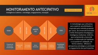 MONITORAMENTO ANTECIPATIVO
Inteligência Coletiva | estratégia, engajamento, inovação
A metodologia que utilizamos
para explorar possibilidades é
inspirada pelo método proposto
por Lesca, da Université Grenoble
| Veille Anticipative Stratégique –
Intelligence Collective (VAS-IC),
que compreende a busca de
sinais, a elaboração de hipóteses
e sua posterior validação, de
forma coletiva. Oferece a
perspectiva estratégica e promove
o engajamento dos participantes
METODOLOGIA
COLETAR
EXPLORAR
ANALISAR
VALIDAR
TEMA TESE
HIPÓTE
SES
Captura de
sinais
Possibilidade
relevante
antecipativa
Análise e
validação
Varredura
direcionada
Ideias
relevantes
Formação
de sentido
Proposta de
temas para
monitoração
4
 