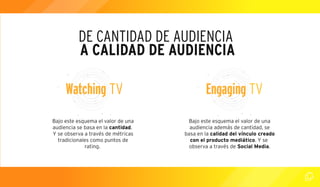 DE CANTIDAD DE AUDIENCIA 
A CALIDAD DE AUDIENCIA 
Watching TV Engaging TV 
Bajo este esquema el valor de una 
audiencia se basa en la cantidad. 
Y se observa a través de métricas 
tradicionales como puntos de 
rating. 
Bajo este esquema el valor de una 
audiencia además de cantidad, se 
basa en la calidad del vínculo creado 
con el producto mediático. Y se 
observa a través de Social Media. 
 