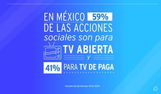 EN MÉXICO 
DE LAS ACCIONES 
sociales son para 
TV ABIERTA 
y 
59% 
41% PARA TV DE PAGA 
Estudio Social Decode /DLR 2014 
 