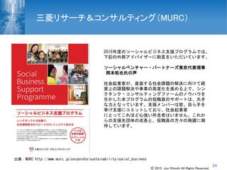 24
三菱リサーチ＆コンサルティング（MURC）
出典：MURC http://www.murc.jp/corporate/sustainability/social_business
2015年度のソーシャルビジネス支援プログラムでは、
下記の外部アドバイザーに助言をいただいています。
ソーシャルベンチャー・パートナーズ東京代表理事
岡本拓也氏の声
社会起業家が、直面する社会課題の解決に向けて経
営上の課題解決や事業の高度化を進める上で、シン
クタンク・コンサルティングファームのノウハウを
生かした本プログラムの役職員のサポートは、大き
な力となっています。支援メンバーは皆、自ら手を
挙げ支援にコミットしており、社会起業家
にとってこれほど心強い伴走者はいません。これか
らの支援先団体の成長と、役職員の方々の飛躍に期
待しています。
Ⓒ 2015 Jun Ohnishi All Rights Reserved.
 