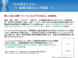25
「日本再生ビジョン」
～ 起業大国 No.1 の実現 ～
出典：日本再生ビジョン（平成26年5月23日 自由民主党 日本経済再生本部）
http://jimin.ncss.nifty.com/pdf/news/policy/pdf189_1.pdf
新しい法人形態「ソーシャルビジネス法人」の法制化
環境、福祉、教育、エネルギー、治安など、社会問題の解決のためにＮＰＯ（非営利団
体）を設立する起業家（広義）も多い。しかし、NPO の中には安定的な財源を確保できず、
財務的な持続可能性に課題を抱えている団体も多い。そこで、株式会社とＮＰＯの中間に
位置する法人形態として「ソーシャルビジネス法人（仮称）」の法制が必要である。
ソーシャルビジネス法人とは、事業運営に必要な費用を自らの売上で生み出すという意味
において株式会社と同義である。一方会社法で定められた株式会社とソーシャルビジネス
法人の違いは、株主への配当制限や経営者報酬の制限であり、利益は社会問題の解決に循
環させなければならない。
ソーシャルビジネス法人という新しい組織形態の検討ならびに法整備
に直ちに着手し、各種優遇措置も含めた環境整備を図ることで、
様々な社会問題の解決に寄与すると同時に、雇用と納税を生み出す
「社会的起業」を促進する。
Ⓒ 2015 Jun Ohnishi All Rights Reserved.
 