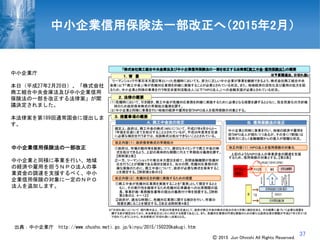 37
中小企業庁
本日（平成27年2月20日）、「株式会社
商工組合中央金庫法及び中小企業信用
保険法の一部を改正する法律案」が閣
議決定されました。
本法律案を第189回通常国会に提出しま
す。
中小企業信用保険法の一部改正
中小企業と同様に事業を行い、地域
の経済や雇用を担うＮＰＯ法人の事
業資金の調達を支援するべく、中小
企業信用保険の対象に一定のＮＰＯ
法人を追加します。
出典：中小企業庁 http://www.chusho.meti.go.jp/kinyu/2015/150220kakugi.htm
中小企業信用保険法一部改正へ（2015年2月）
Ⓒ 2015 Jun Ohnishi All Rights Reserved.
 