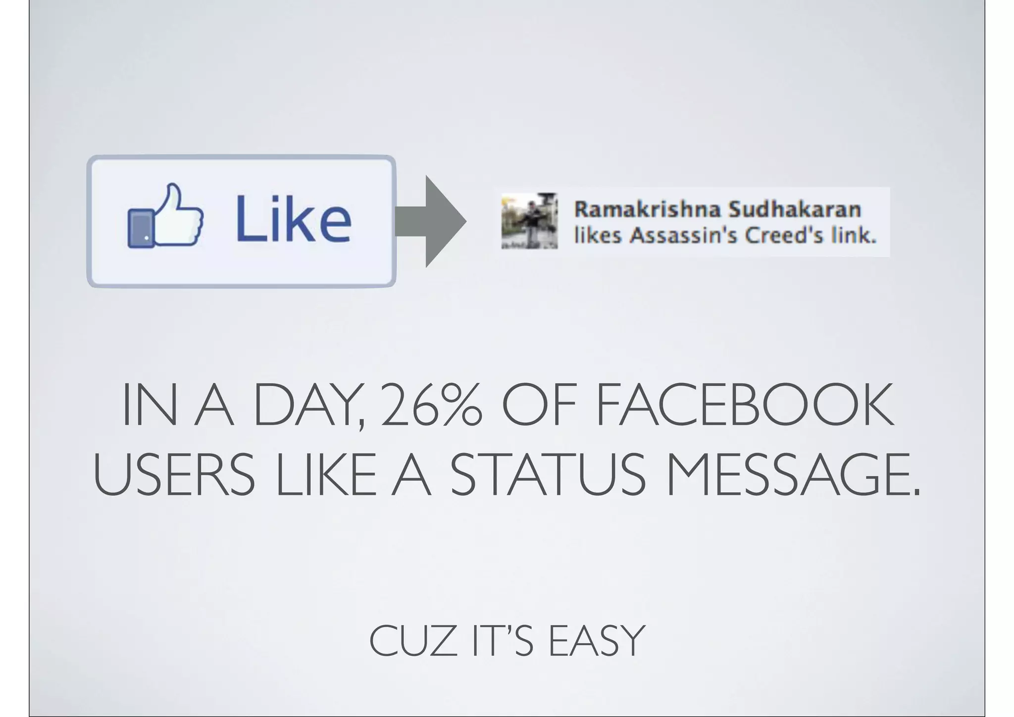 IN A DAY, 26% OF FACEBOOK
USERS LIKE A STATUS MESSAGE.

         CUZ IT’S EASY
 