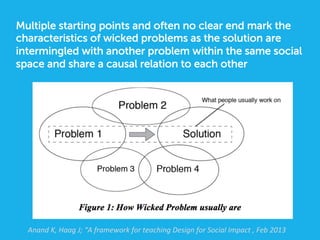 Multiple starting points and often no clear end mark the
characteristics of wicked problems as the solution are
intermingled with another problem within the same social
space and share a causal relation to each other
Anand	
  K,	
  Haag	
  J;	
  “A	
  framework	
  for	
  teaching	
  Design	
  for	
  Social	
  Impact	
  ,	
  Feb	
  2013	
  	
  
 