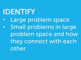 IDENTIFY
•  Large problem space
•  Small problems in large
problem space and how
they connect with each
other
 