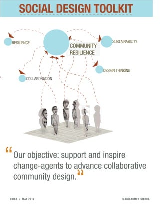 maricarmen sierradmba / may 2012
SOCIAL DESIGN TOOLKIT
Our objective: support and inspire
change-agents to advance collaborative
community design.
“
“
COMMUNITY
REVITALIZATION
SUSTAINABILITY
DESIGN THINKING
RESILIENCE
COLLABORATION
COMMUNITY
RESILIENCE
 