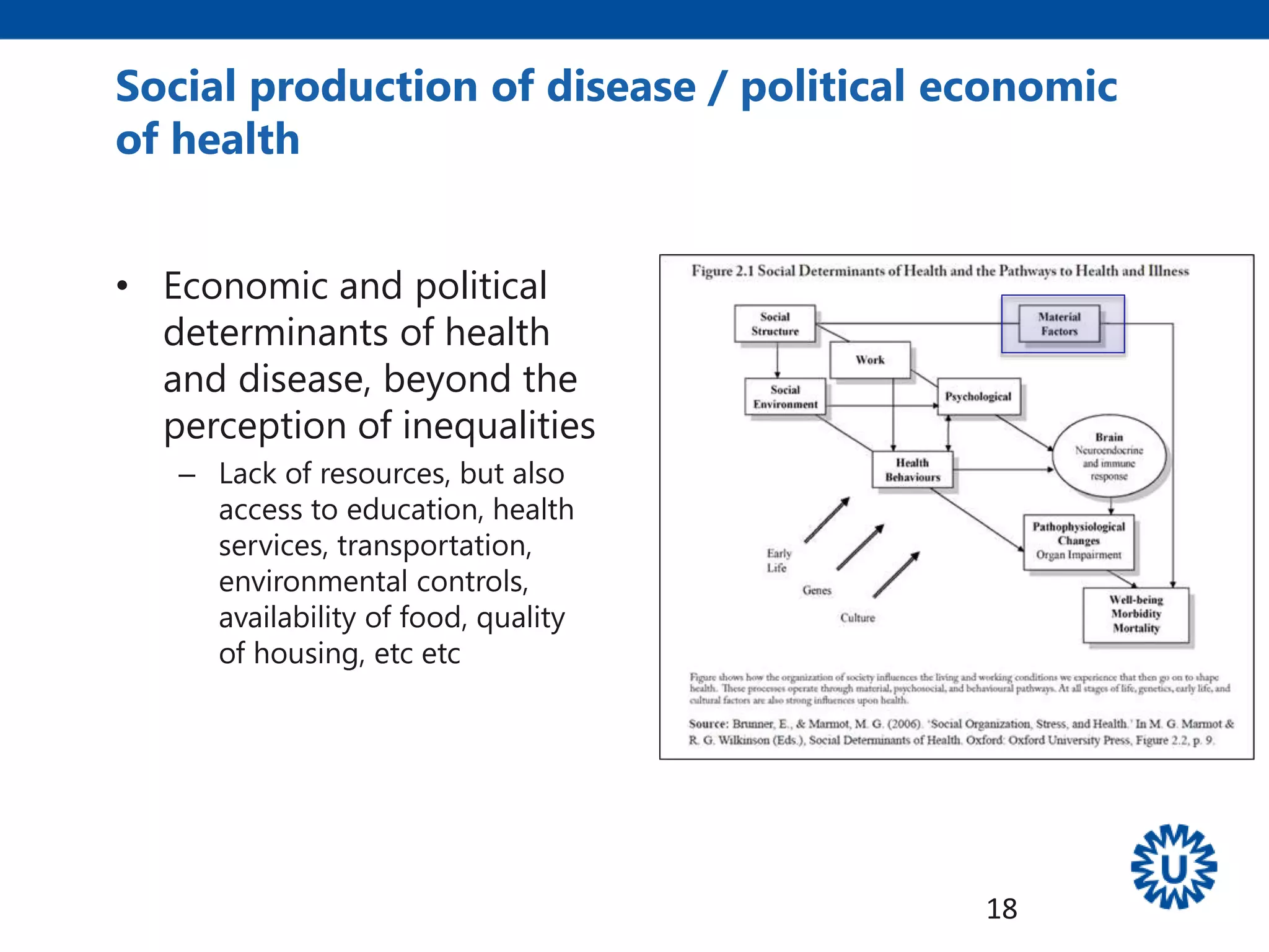 • Economic and political
determinants of health
and disease, beyond the
perception of inequalities
– Lack of resources, but also
access to education, health
services, transportation,
environmental controls,
availability of food, quality
of housing, etc etc
Social production of disease / political economic
of health
18
 