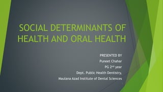 SOCIAL DETERMINANTS OF
HEALTH AND ORAL HEALTH
PRESENTED BY
Puneet Chahar
PG 2nd year
Dept. Public Health Dentistry,
Maulana Azad Institute of Dental Sciences
1
 