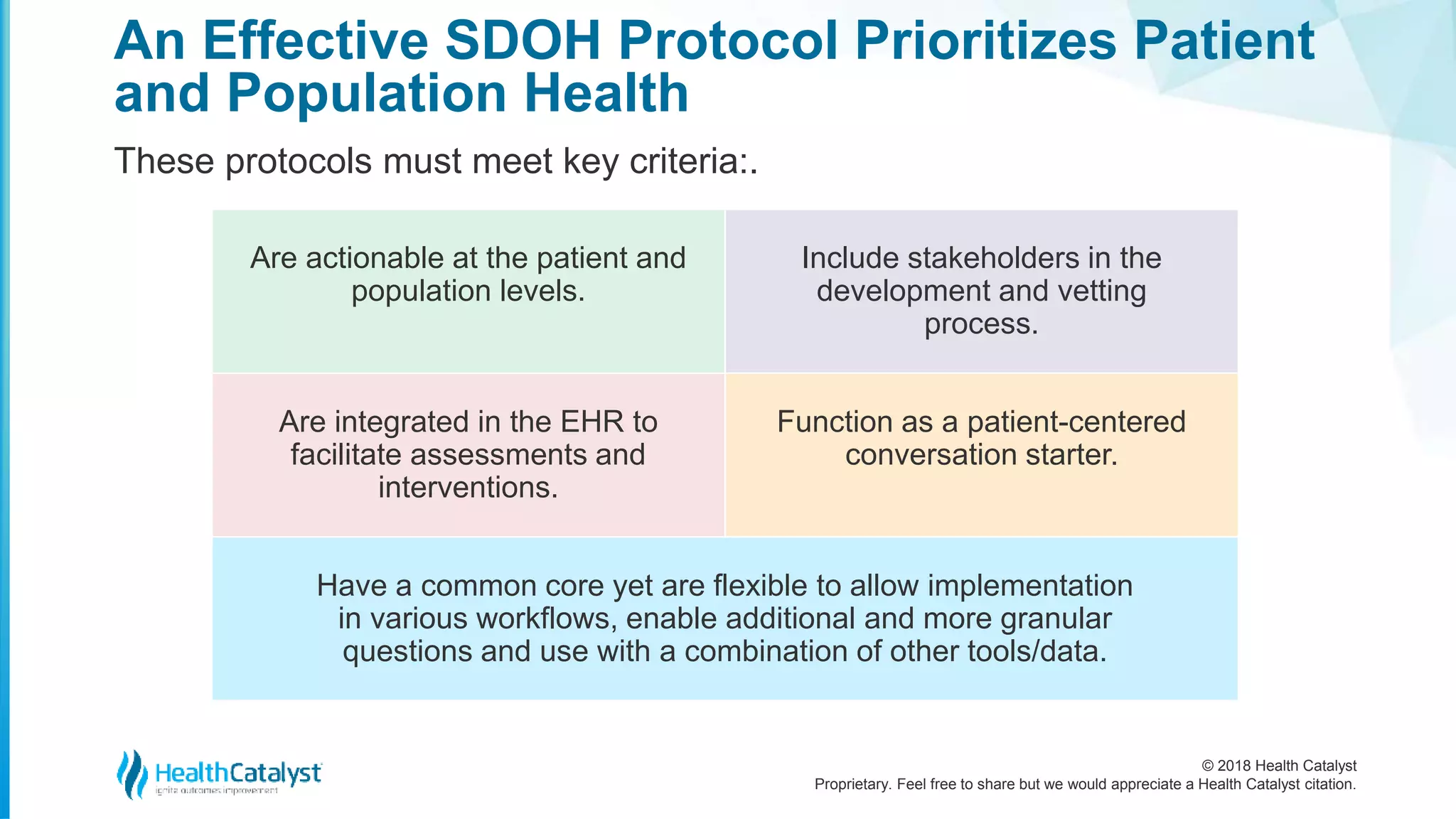 © 2018 Health Catalyst
Proprietary. Feel free to share but we would appreciate a Health Catalyst citation.
An Effective SDOH Protocol Prioritizes Patient
and Population Health
These protocols must meet key criteria:.
Are actionable at the patient and
population levels.
Include stakeholders in the
development and vetting
process.
Are integrated in the EHR to
facilitate assessments and
interventions.
Function as a patient-centered
conversation starter.
Have a common core yet are flexible to allow implementation
in various workflows, enable additional and more granular
questions and use with a combination of other tools/data.
 