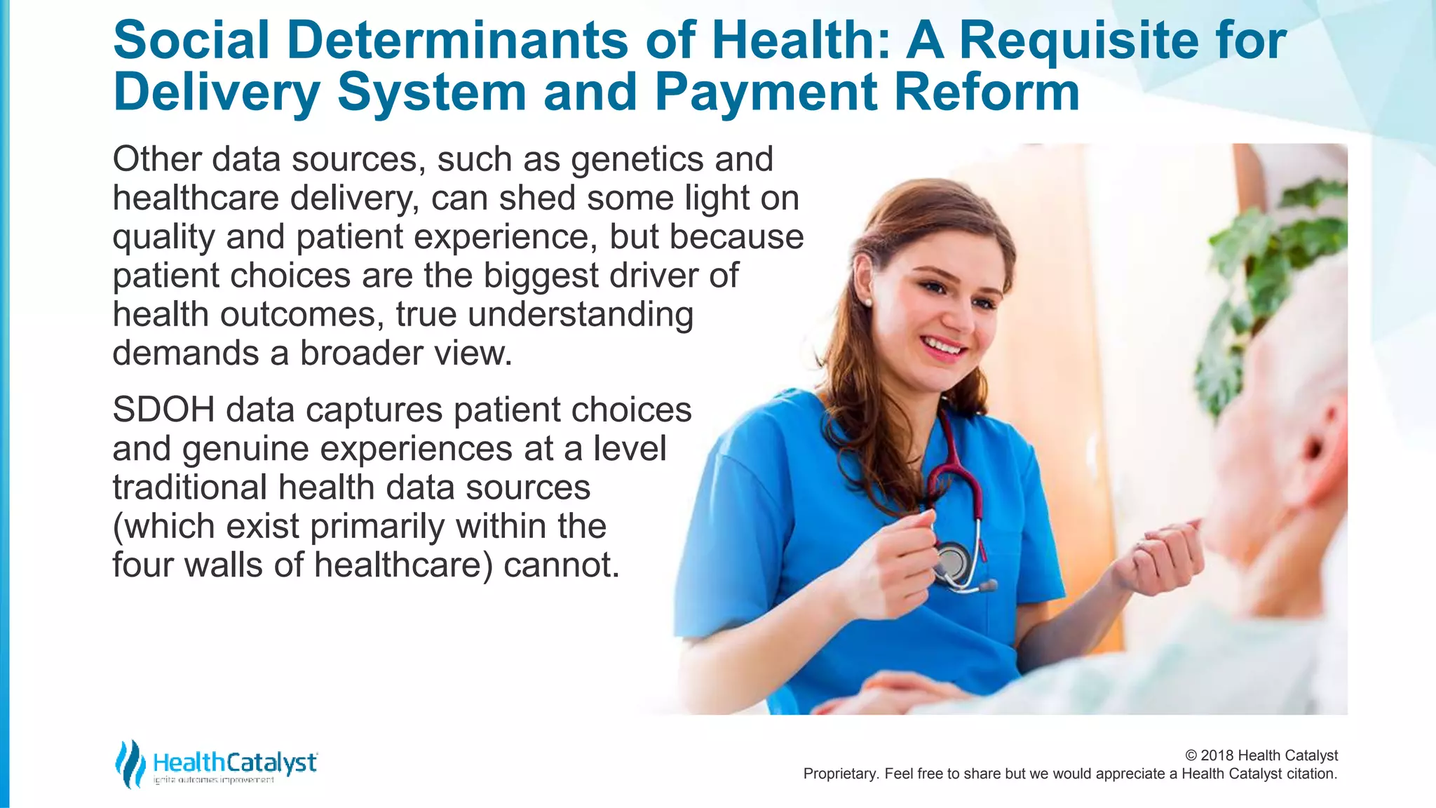 © 2018 Health Catalyst
Proprietary. Feel free to share but we would appreciate a Health Catalyst citation.
Other data sources, such as genetics and
healthcare delivery, can shed some light on
quality and patient experience, but because
patient choices are the biggest driver of
health outcomes, true understanding
demands a broader view.
SDOH data captures patient choices
and genuine experiences at a level
traditional health data sources
(which exist primarily within the
four walls of healthcare) cannot.
Social Determinants of Health: A Requisite for
Delivery System and Payment Reform
 