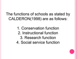 The functions of schools as stated by
CALDERON(1998) are as follows:
1. Conservation function
2. Instructional function
3. Research function
4. Social service function
 