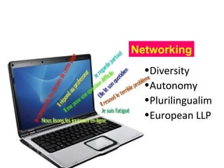 Networking
  •Diversity
  •Autonomy
  •Plurilingualim
  •European LLP
 