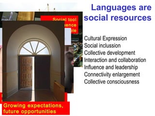 Languages are
                             Social tool   social resources
                            to influence
                                  people
                                           Cultural Expression
                                           Social inclussion
    From collaborative                     Collective development
    work to economic                       Interaction and collaboration
    growth                                 Influence and leadership
                                           Connectivity enlargement
 Bridging cultures and
                                           Collective consciousness
 blending communities
Learning tools to develop
personal networking
 Growing expectations,
 future opportunities
 