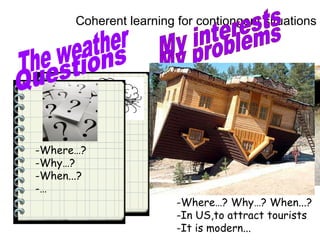 Coherent learning for contiongent situations




   It’s raining
-Where…?
-Why…? windy
   It’s
   …
-When...?
-… …
   …                         It’s raining, It’s windy...
                          -Where…?an umbrella,
                             I need Why…? When...?
                          -In US,to a raincoat,
                             I have attract tourists
                          -ItIis modern...fast...
                               can’t walk
 
