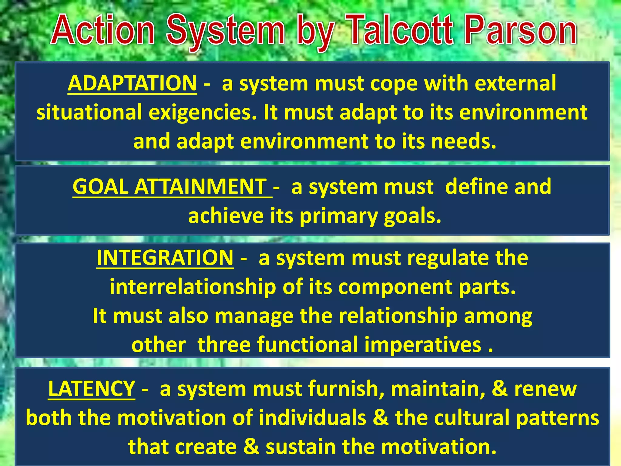 ADAPTATION - a system must cope with external
situational exigencies. It must adapt to its environment
and adapt environment to its needs.
GOAL ATTAINMENT - a system must define and
achieve its primary goals.
INTEGRATION - a system must regulate the
interrelationship of its component parts.
It must also manage the relationship among
other three functional imperatives .
LATENCY - a system must furnish, maintain, & renew
both the motivation of individuals & the cultural patterns
that create & sustain the motivation.
 
