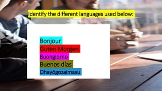 Bonjour
Guten Morgen
Buongiorno
Buenos días
Ohayōgozaimasu
Identify the different languages used below:
 