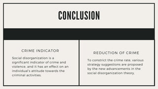 CONCLUSION
Social disorganization is a
significant indicator of crime and
violence, and it has an effect on an
individual’s attitude towards the
criminal activities.
CRIME INDICATOR
To constrict the crime rate, various
strategy suggestions are proposed
by the new advancements in the
social disorganization theory,
REDUCTION OF CRIME
 