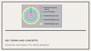 KEY TERMS AND CONCEPTS
Concentric zone theory, 3 P’s, Family disruption
 