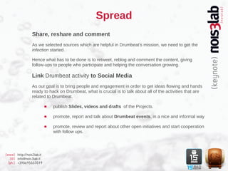 Spread
                 Share, reshare and comment
                 As we selected sources which are helpful in Drumbeat’s mission, we need to get the
                 infection started.

                 Hence what has to be done is to retweet, reblog and comment the content, giving
                 follow-ups to people who participate and helping the conversation growing.

                 Link Drumbeat activity to Social Media
                 As our goal is to bring people and engagement in order to get ideas flowing and hands
                 ready to hack on Drumbeat, what is crucial is to talk about all of the activities that are
                 related to Drumbeat.

                            publish Slides, videos and drafts of the Projects.

                            promote, report and talk about Drumbeat events, in a nice and informal way

                            promote, review and report about other open initiatives and start cooperation
                            with follow ups.




[www] http://nois3lab.it
   [@] info@nois3lab.it
  [ph.] +390695557019
 
