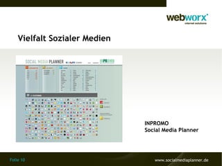 Vielfalt Sozialer Medien




                               INPROMO
                               Social Media Planner




Folie 10                          www.socialmediaplanner.de
 