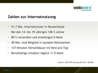 Zahlen zur Internetnutzung

    
           51,7 Mio. Internetnutzer in Deutschland
    
           Bei den 14- bis 19-Jährigen 100 % online
    
           80 % versenden und empfangen E-Mails
    
           40 Mio. sind Mitglied in sozialen Netzwerken
    
           137 Minuten Verweildauer im Netz pro Tag
    
           Berufstätige erhalten täglich 11 E-Mails


                                              Quellen: ARD/ZDF Onlinestudie 2011, BITKOM



Folie 12
 
