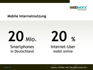 Mobile Internetnutzung




    20 Mio. 20
       Smartphones           Internet-User
                                                    %
           in Deutschland      mobil online



Folie 15                     Quellen: BITKOM, ARD/ZDF-Onlinestudie 2011
 