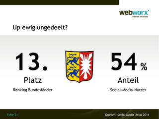 Up ewig ungedeelt?




    13.                      54 %
           Platz                    Anteil
    Ranking Bundesländer      Social-Media-Nutzer




Folie 21                   Quellen: Social Media-Atlas 2011
 