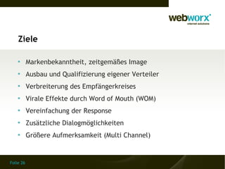 Ziele

    
           Markenbekanntheit, zeitgemäßes Image
    
           Ausbau und Qualifizierung eigener Verteiler
    
           Verbreiterung des Empfängerkreises
    
           Virale Effekte durch Word of Mouth (WOM)
    
           Vereinfachung der Response
    
           Zusätzliche Dialogmöglichkeiten
    
           Größere Aufmerksamkeit (Multi Channel)


Folie 26
 