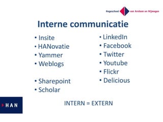 Interne communicatie
• Insite
• HANovatie
• Yammer
• Weblogs
• Sharepoint
• Scholar
• LinkedIn
• Facebook
• Twitter
• Yout...