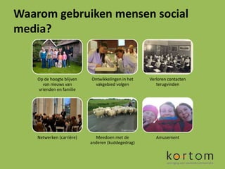 Waarom gebruiken mensen social
media?


    Op de hoogte blijven   Ontwikkelingen in het   Verloren contacten
      van nieuws van        vakgebied volgen          terugvinden
    vrienden en familie




    Netwerken (carrière)     Meedoen met de           Amusement
                           anderen (kuddegedrag)
 