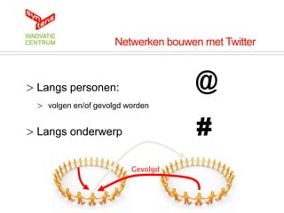 Netwerken bouwen met Twitter



> Langs personen:                     @
  > volgen en/of gevolgd worden


> Langs onderwerp                     #
                          Gevolgd
 