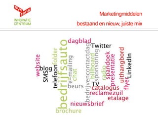 Marketingmiddelen
bestaand en nieuw, juiste mix
 