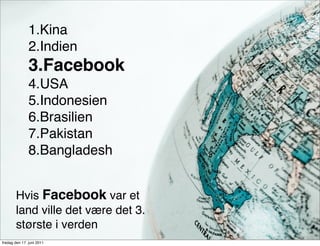 1.Kina
               2.Indien
               3.Facebook
               4.USA
               5.Indonesien
               6.Brasilien
               7.Pakistan
               8.Bangladesh


       Hvis Facebook var et
       land ville det være det 3.
       største i verden
fredag den 17. juni 2011
 