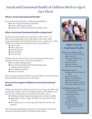 What is Social and Emotional Health?
Social and emotional health is a child’s growing ability to,
•	Form strong relationships with others
•	Express and manage emotions
•	Explore the world around them and problem-solve
Why is Social and Emotional Health so Important?
Social and emotional skills are as important as ABC’s and 1, 2, 3’s.
Babies need relationships with loving adults to learn these skills.
Loving relationships also help babies brains to grow and develop. When
children have this healthy foundation, they are more likely to:
•	make friends
•	follow directions
•	control emotions
•	solve problems
•	focus on tasks
Children who do not have these social and emotional skills are less
prepared to learn in school. They are more likely to:
•	have trouble making friends
•	have behavior problems like biting, hitting, using
	 unkind words or bullying
•	have difficulty learning
•	drop out of school
Early social and emotional problems have been linked to later mental and
physical problems like depression, and obesity.
How Can You Support Children’s Social and Emotional
Health?
Children need help from adults to learn how to get along with others and
manage their feelings. Many of the things adults do with children every
day can help a child to gain social and emotional skills, such as,
•	cuddling, sharing a laugh and playing with an infant or toddler
•	taking time to listen, engage and talk with a preschooler about
their day
•	showing interest in a school age child’s friends, activities and
projects
Safe and loving relationships with parents and caregivers are crucial to
social and emotional health for all children birth to age 8.
Social and Emotional Health of Children Birth to Age 8
Fact Sheet
Signs of Social
Emotional Health
Infants and Toddlers age 0-3:
•	 Cry, coo, smile and laugh
•	 Look at faces
•	 Accept comfort from a 		
	 familiar person
•	 Seek comfort
•	 Show curiosity
•	 Express many feelings
Preschoolers age 3-5:
•	 Begin to show feelings for 	
	 others
•	 Try new things
•	 Play well with others
•	 Play make-believe
•	 Listen to gentle reminders
•	 Accept changes in routine
Early Elementary ages 5-8:
•	 Show respect and kindness 	
	 towards others
•	 Develop and keep 		
	 friendships
•	 Begin to work 			
	 independently
•	 Enjoy challenges
•	 Focus attention to solve 	
	 problems and complete 		
	 tasks
 