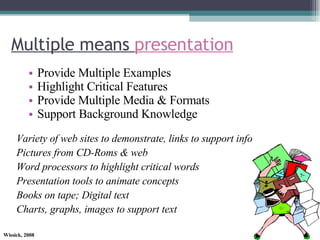 Multiple means  presentation Provide Multiple Examples Highlight Critical Features Provide Multiple Media & Formats Support Background Knowledge Variety of web sites to demonstrate, links to support info Pictures from CD-Roms & web Word processors to highlight critical words Presentation tools to animate concepts Books on tape; Digital text Charts, graphs, images to support text 