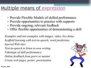 Multiple means of  expression Provide Flexible Models of skilled performance Provide opportunities to practice with supports Provide ongoing, relevant feedback Offer flexible opportunities of demonstrating a skill Examples and not-examples with images, video, live demo Scaffold learning with text-to-speech, word prediction, layered Web sites Text-to-speech to listen to own writing Videotape of skill performance Online feedback from peers or mentor Create web pages, poster, presentation 