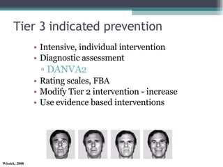 Tier 3 indicated prevention Intensive, individual intervention Diagnostic assessment DANVA2 Rating scales, FBA Modify Tier 2 intervention - increase Use evidence based interventions 