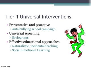 Tier 1 Universal Interventions Preventative and proactive Anti-bullying school campaign Universal screening  Sociograms Effective educational approaches Naturalistic, incidental teaching Social Emotional Learning 