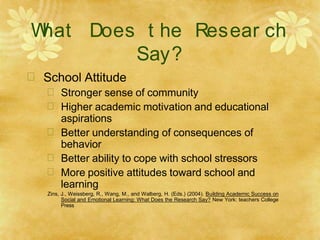W
hat Does t he Resear ch
Say?
 School Attitude





Stronger sense of community
Higher academic motivation and educational
aspirations
Better understanding of consequences of
behavior
Better ability to cope with school stressors
More positive attitudes toward school and
learning
Zins, J., Weissberg, R., Wang, M., and Walberg, H. (Eds.) (2004). Building Academic Success on
Social and Emotional Learning: What Does the Research Say? New York: teachers College
Press
 