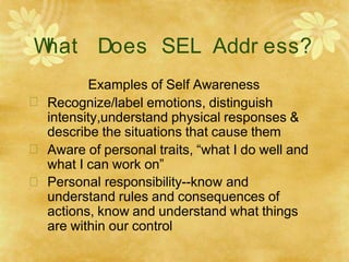 W
hat Does SEL Addr ess?
Examples of Self Awareness



Recognize/label emotions, distinguish
intensity,understand physical responses &
describe the situations that cause them
Aware of personal traits, “what I do well and
what I can work on”
Personal responsibility--know and
understand rules and consequences of
actions, know and understand what things
are within our control
 