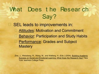 W
hat Does t he Resear ch
Say?
 SEL leads to improvements in:
 Attitudes: Motivation and Commitment
 Behavior: Participation and Study Habits
 Performance: Grades and Subject
Mastery
Zins, J., Weissberg, R., Wang, M., and Walberg, H. (Eds.) (2004). Building Academic
Success on Social and Emotional Learning: What Does the Research Say? New
York: teachers College Press
 