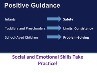 Positive Guidance
Infants	
   	
   	
   	
   	
   	
  Safety	
  
	
  
Toddlers	
  and	
  Preschoolers 	
  	
   	
  Limits,...