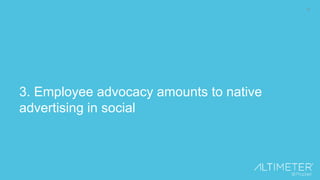 13
Native Advertising in Social Media
21%
of consumers
report “liking” employee posts
Source: “Social Media Employee Advoc...