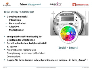 Social Energy + Smart Meter
  Gemeinsame Basis !
   Interaktion
   Kommunikation
   Adoption
   Multiplikation

  Energieverbrauchsmonitoring auf
   Desktop oder Smartphone
  Dem Kunden helfen, kollaborativ Geld
   zu sparen !
                                                   Social = Smart !
  Automatisches Profiling und
   Gruppierung zu verbrauchsähnlichen
   Communities
  Lassen Sie Ihren Kunden sich selbst mit anderen messen – in Ihrer „Arena“ !

Seite 15                       Themenpräsentation e-World Energy & Water   07. – 09.02.2012
 