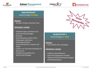 EINSTIEGSPAKET
                  Social Energy Strategie

           Themen:
           • Konzept, Analyse, Business Case

           Schrittziele / Inhalte:

           • Anforderungen aufnehme und
             Zielerreichung festlegen                                  AUSBAUSTUFE 1
           • Konzept
                                                                     Social Energy for Web
           • Social Readiness Quick Check
           • Zielgruppen definieren
           • Bestandsaufnahme                             Themen:
             Systemlandschaft, Prozesse und               • Social Media Mix, Kampagne
             Daten
           • Aufbau von Verantwortlichkeiten &            Schrittziele / Inhalte:
             Ressourcen
           • Erfolgsmessung (KPI) und                     • Plattform-Mix definieren
             Monitoring festlegen                         • Zielerreichungsmatrix erstellen
                                                          • Taktische Pilot-Marketing-Kampagne
                                                            auf Multikanalbasis



Seite 20                               Themenpräsentation e-World Energy & Water                 07. – 09.02.2012
 